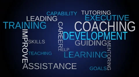Coaching, development, training tag word cloud - blue background Stock Footage 50084134