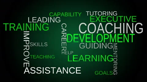 Coaching, development, training tag word cloud - green background Stock Footage 50085191