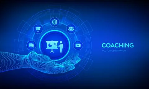 Coaching icon in robotic hand. Coaching and mentoring concept on virtual scre Stock Illustration