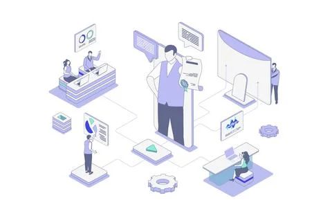 Coaching isometric concept in outline isometry design for web. People train.. Stock Illustration