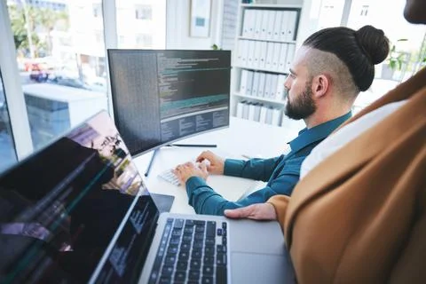 Coaching, manager and employee with computer screen, programming and code with Stock Photos