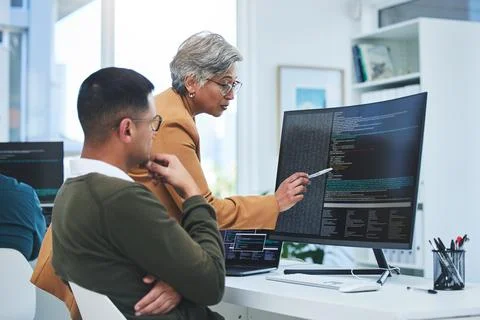 Coaching, mentor and programmer with business people and computer for coding Stock Photos