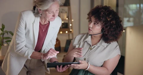 Coaching, tablet or senior manager in call center training telemarketing in Stock Footage 254800152