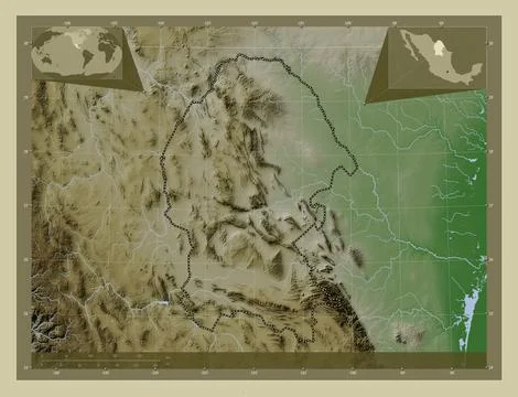 Coahuila, Mexico. Elevation map colored in wiki style with lakes and rivers Stock Illustration