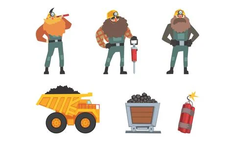 Coal and Ore Mining Industry with Bearded Man Miner and Rail Trolley Vector Set Stockillustratie