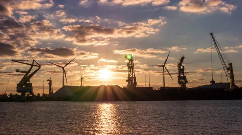 Coal cranes at sunset, 4k time lapse Stock Footage 68290037