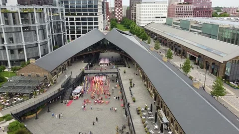 Coal drops yard Kings Cross London UK drone aerial view Stock Footage 196733593