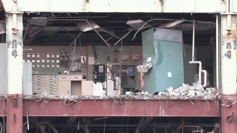 Coal fired electrical power generation station being demolished Stock Footage 158172107