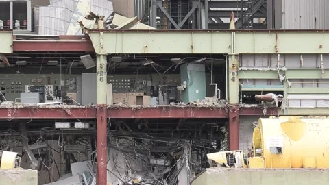 Coal fired electrical power plant generating station being demolished Stock Footage 153835569