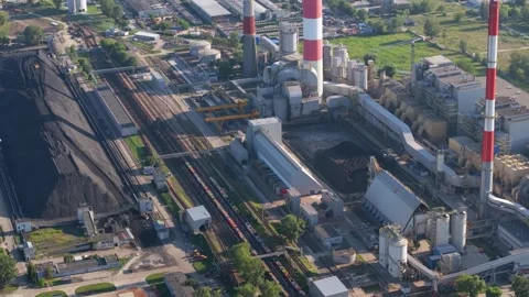Coal fired power plant producing electricity from above Stock Footage 346093189
