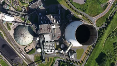 Coal fired power station with cooling tower aerial top down view Stock Footage 337447681