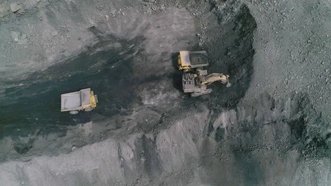 Coal loading into a dump truck aerial video Video stock 114831345