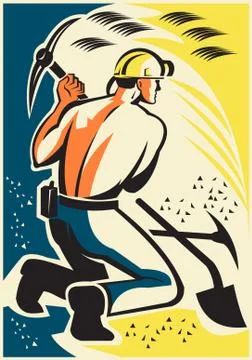 Coal miner mining digging pick ax retro Stock Illustration