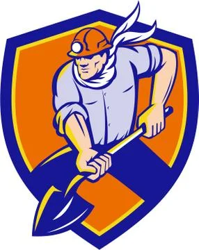 Coal Miner Shovel Digging Shield Retro Stock Illustration