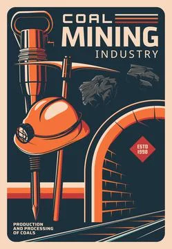 Coal mining and miner tools, vintage retro poster Stock Illustration