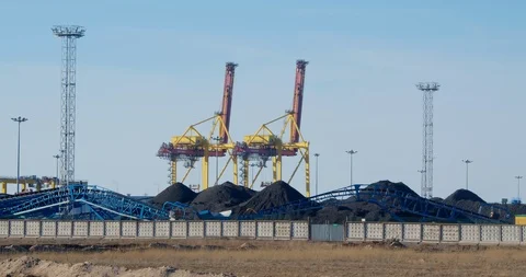 Coal mining and transportation. Coal warehouse in the coal terminal of the port. Stock Footage 127115811