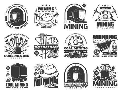 Coal mining industry icons, vector emblems set Stock Illustration