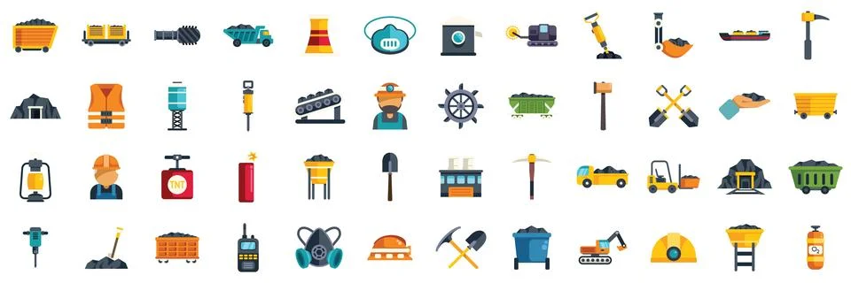 Coal mining industry process and equipment icons set describing coal extraction Stockillustratie