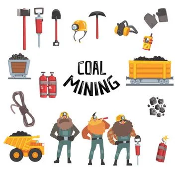 Coal mining industry set, working miners, transport, miner equipment and tools Stock Illustration