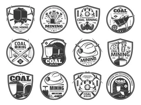 Coal mining industry vector monochrome icons Illustrazione stock