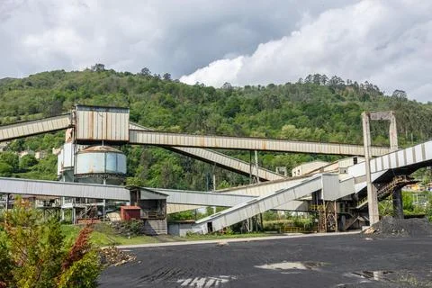 Coal mining infrastructure in Mieres Spain. industrial landscape of Asturias. Fotos de archivo