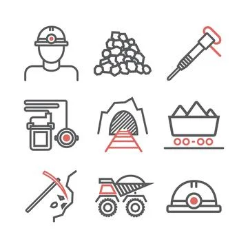 Coal mining. LIne icon set. Vector signs for web graphics. Stock Illustration