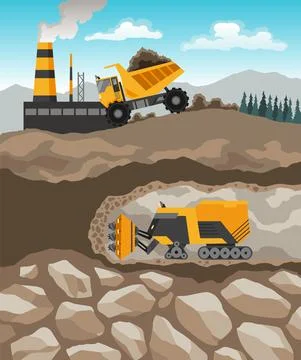 Coal mining. Miners with tools under ground. Industrial equipment and machinery Stock Illustration