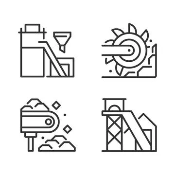Coal mining process pixel perfect linear icons set Stock Illustration