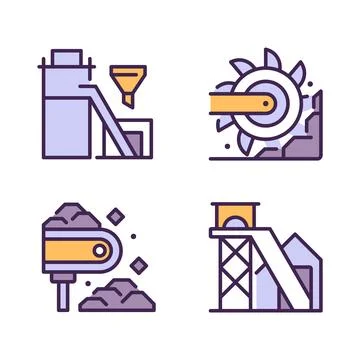 Coal mining process pixel perfect RGB color icons set Stock Illustration