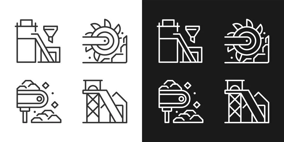 Coal mining process pixel perfect linear icons set for dark, light mode Stock Illustration