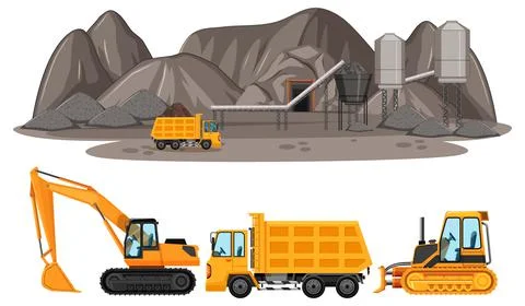 Coal mining scene with different types of construction trucks Stock Illustration