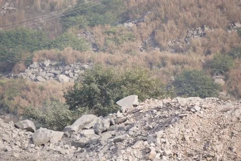 Coal mining site with dust pollution, methane gas releasing area 库存照片