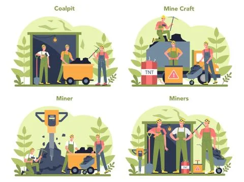 Coal or minerals mining concept set. Worker in uniform and helmet Illustrazione stock