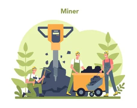 Coal or minerals mining concept. Worker in uniform and helmet with Illustrazione stock