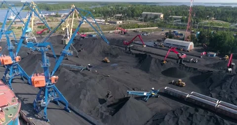 Coal Port Working Cranes, Loading The Ship With Coal Video stock 144710230