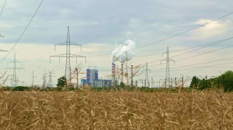 Coal powered electrical generation plant shot from distance Stock Footage 53270319