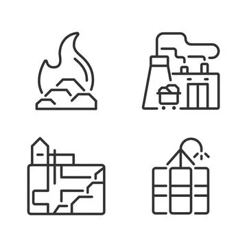 Coal processing pixel perfect linear icons set Stock Illustration