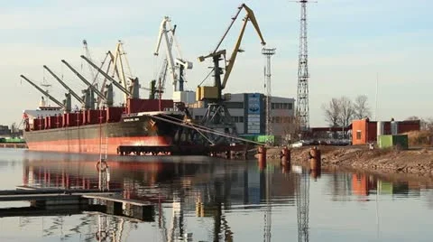 Coal ship loading with cranes at port harbour Stock Footage 10883022