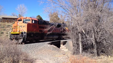 Coal train appears from behind trees in Colorado Springs, CO Vídeo Stock 32714619