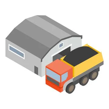 Coal transportation icon isometric vector. Dump truck with coal near hangar icon 스톡 일러스트