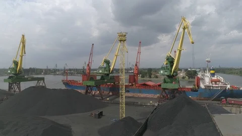 Coal unloading from the ship, aerial view Stock Footage 123649145