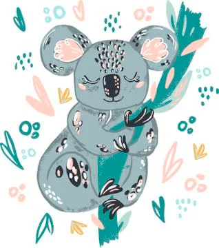 Coala cute doodle hand drawn flat vector illustration. Wild rainforest animal Stock Illustration