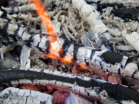 Coals of a burning campfire close up Stock Photos