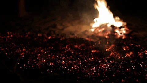 Coals from the burning campfire were pulled out with a shovel Stock Footage 115930692