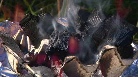 Coals burning flame in handmade brazier, close up shoot Stock-Footage 63211029