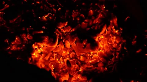 Coals burning in grill, fire transforms wood into charcoal. Stock Footage 155014955