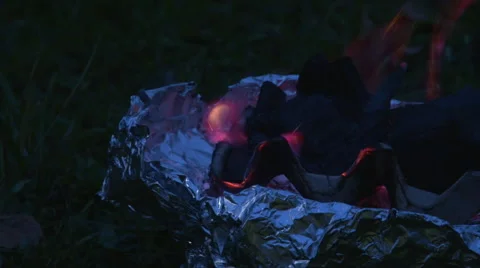 Coals burning in handmade brazier in the dark night, close up shoot Video stock 63211381