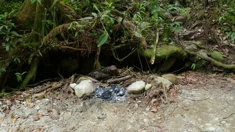 The coals of a campfire which are left behind on the riverbank after camping Stock Footage 160326078