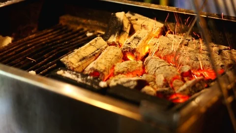 Coals for meat cooking close-up. BBQ for outdoor eating. Stock Footage 90486611