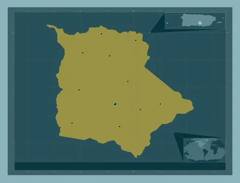 Coamo, Puerto Rico. Solid color shape. Locations of major cities of the regio 库存插图